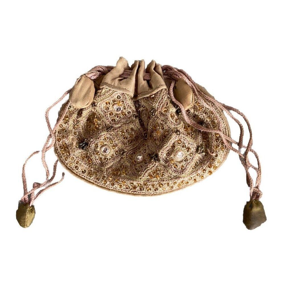 Vintage Satchel Pouch Beaded Early 20th Century Tan Silk Beige 1910 1920s